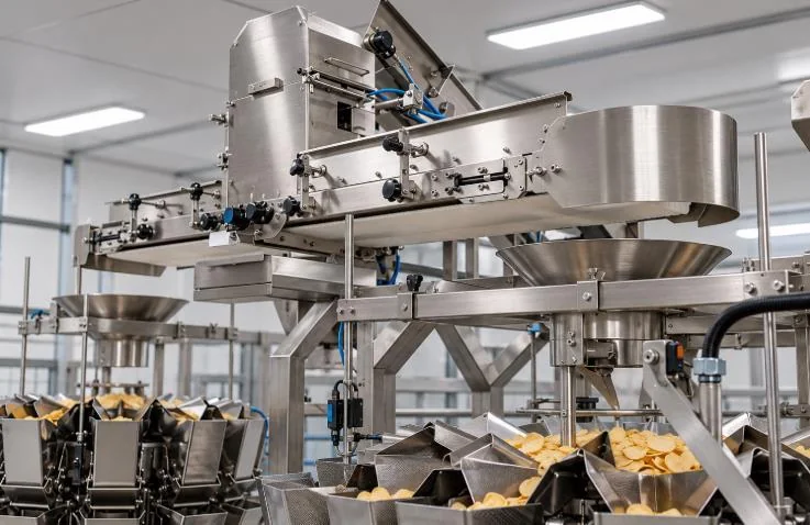 Feeding equipment positioned on a support frame beside a multihead weigher