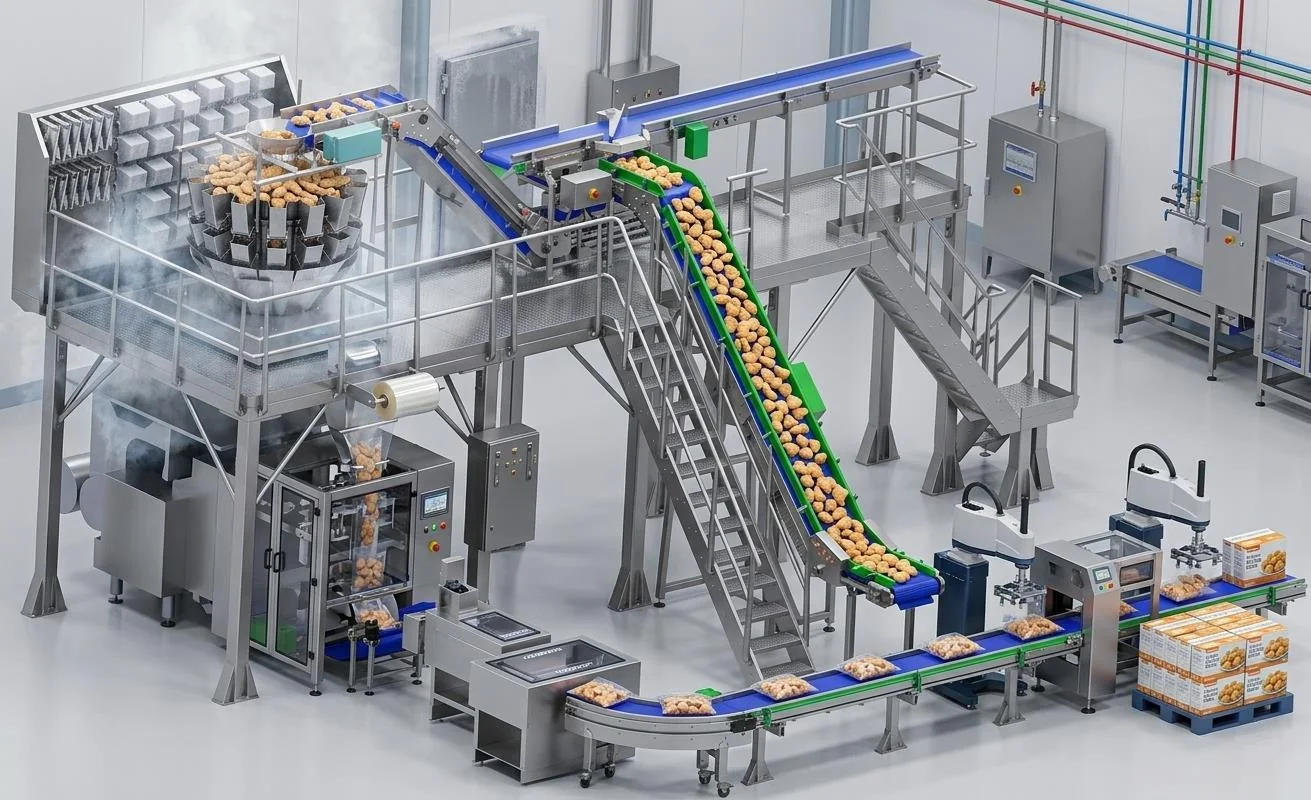 Visualization of the stainless-steel frozen food line with conveyors, elevators and multihead weighing
