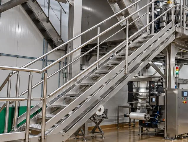 Stairway and handrails providing access alongside industrial equipment